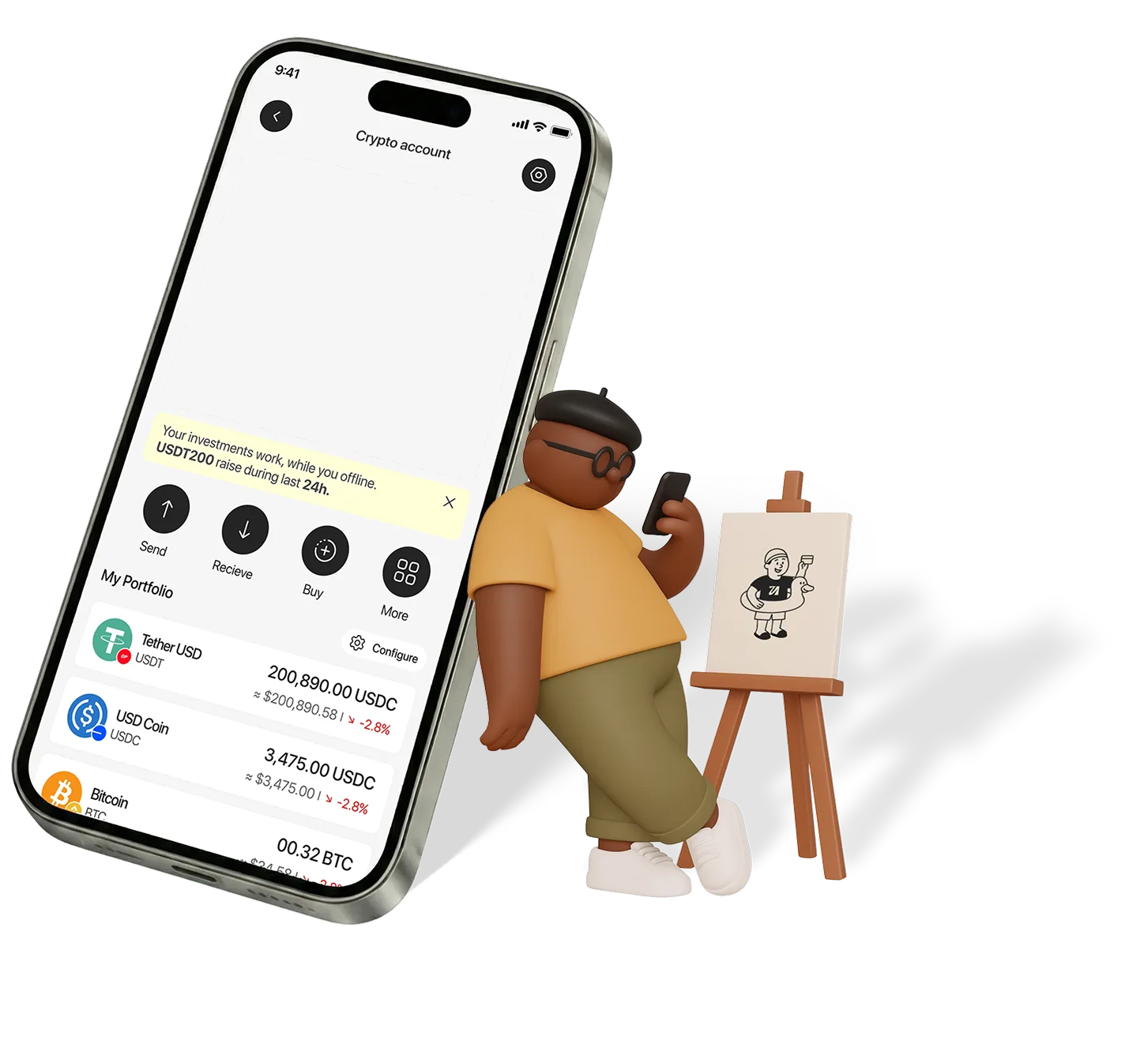 Normies crypto wallet interface showing self-custody with no seed phrase required