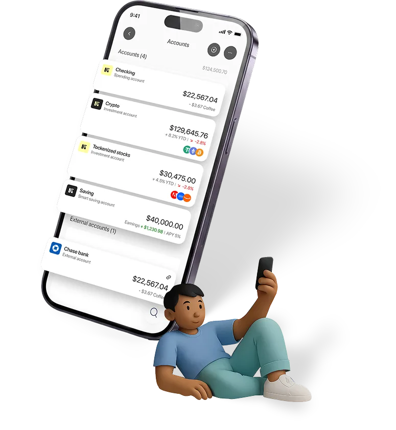 Normies account selection mobile view showing Cash, Yield, and Crypto options